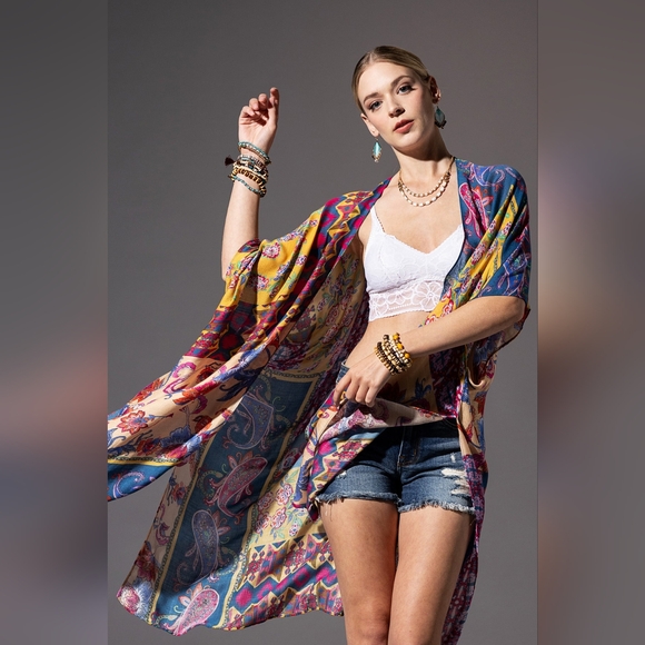 Colorful Floral Paisley & Geometric Print Kimono - Soft & Silky - Lightweight - Picture 3 of 8